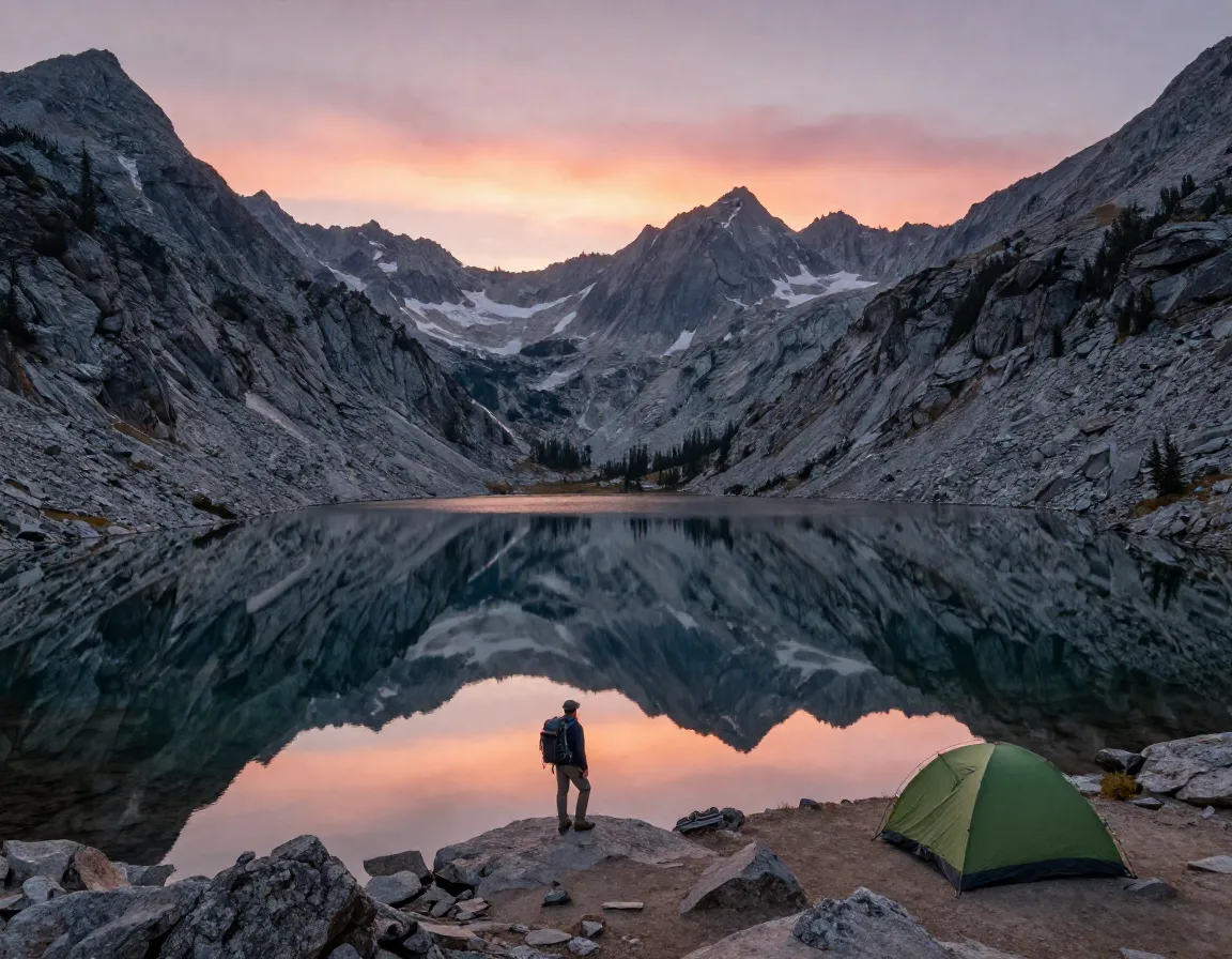 Backpacker at dawn beside mirror lake in granite walled basin