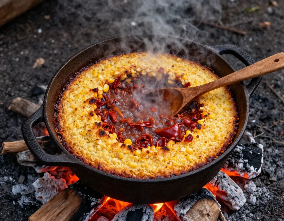 Dutch oven with chili and cornbread baked over campfire coals