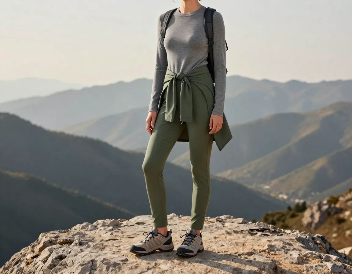 Minimalist mountain outfit with muted earth tones on rocky overlook