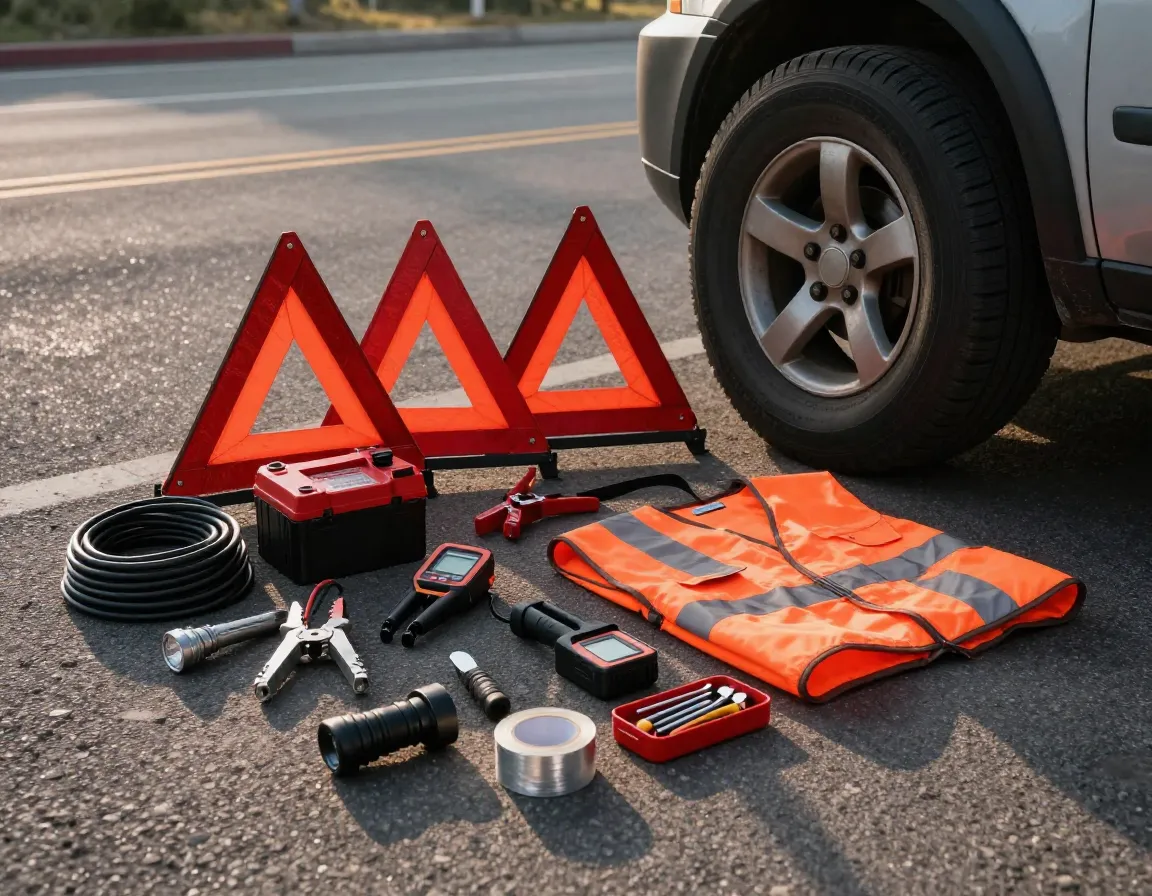 Roadside emergency kit displayed on asphalt with jump starter and tools