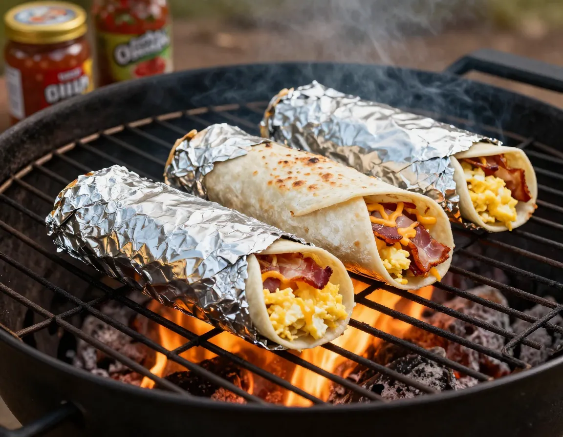 Foil wrapped breakfast burrito warming on campfire grill