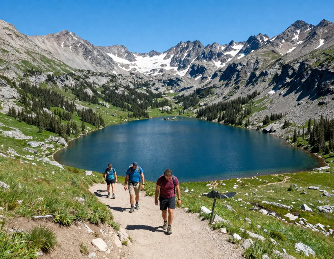 Hiker on trail overlooking aneroid lake with brook trout and peaks