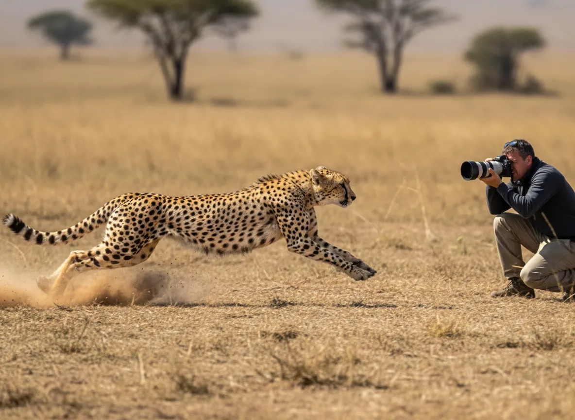 Photographer capturing cheetah sprint with burst mode