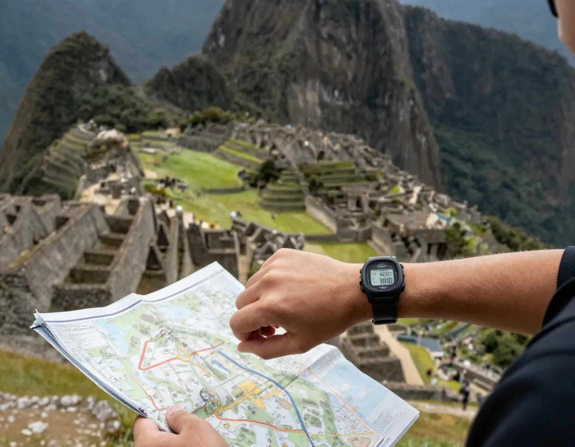 Tourist checking watch four hour time limit machu picchu ruins plan