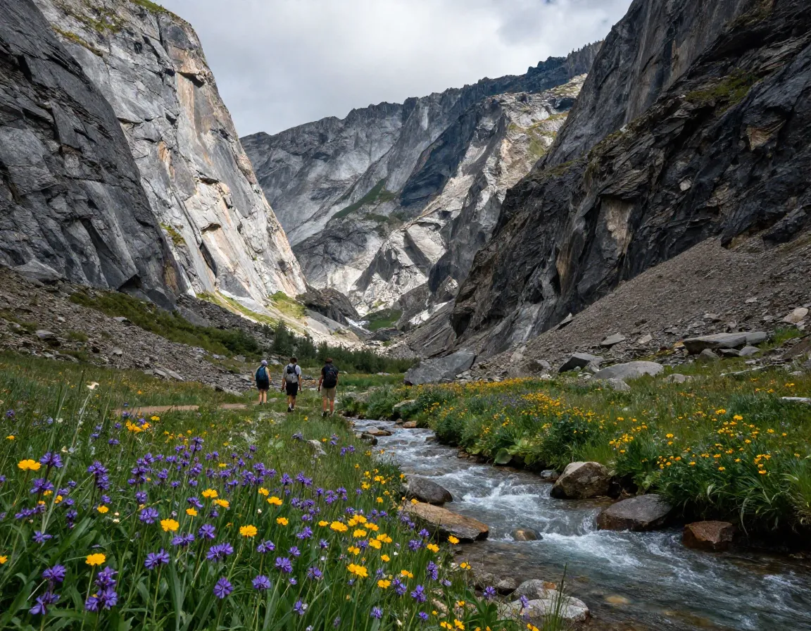 Hiker in hurricane creek valley beneath towering granite cliffs and wildflowers
