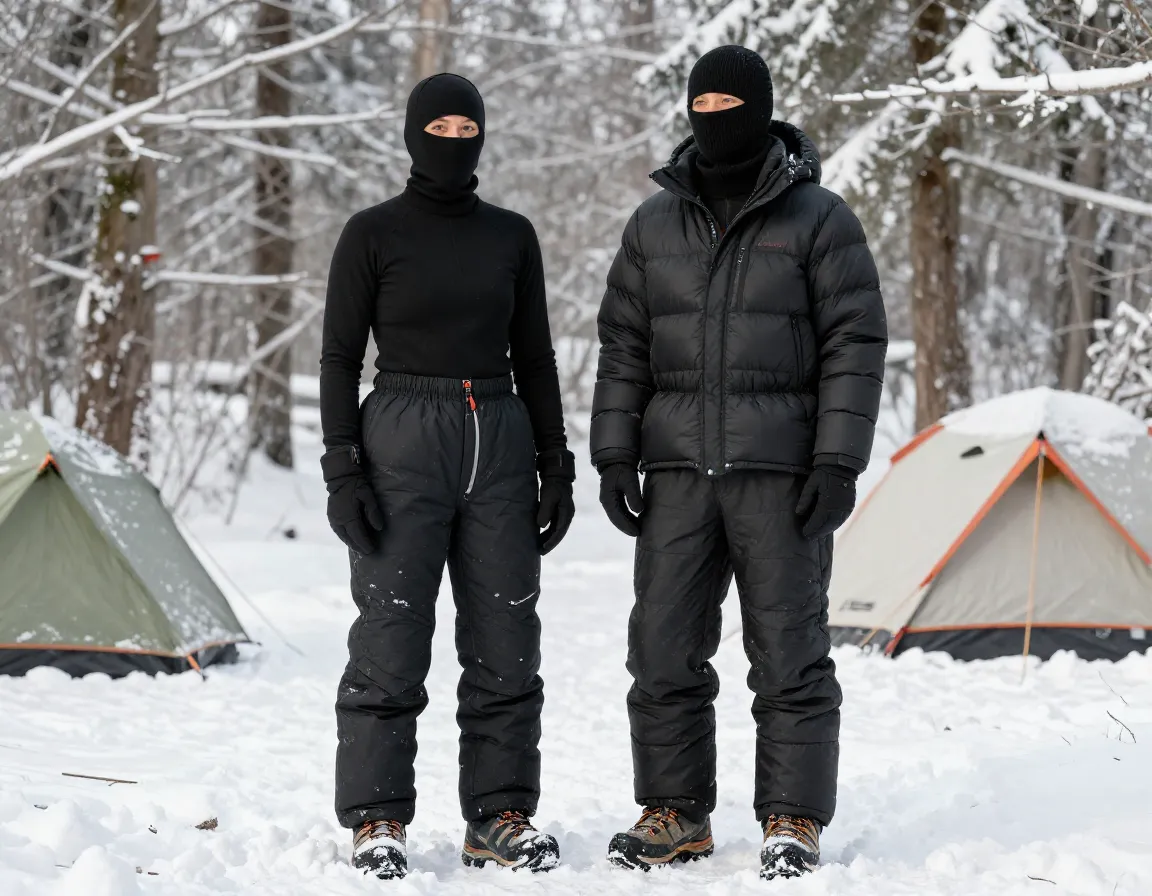 Winter camping power suit with insulated pants at snowy basecamp
