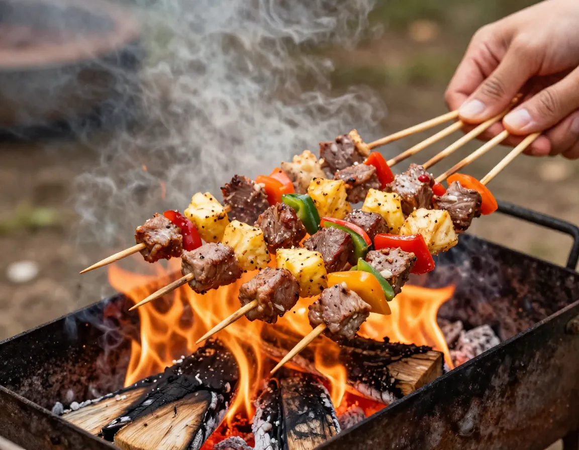 Assorted skewers of marinated meat and vegetables over fire