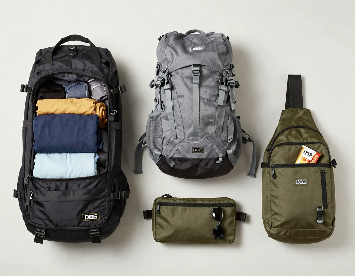 Duffle bag backpack and sling bag organized for road trip packing system