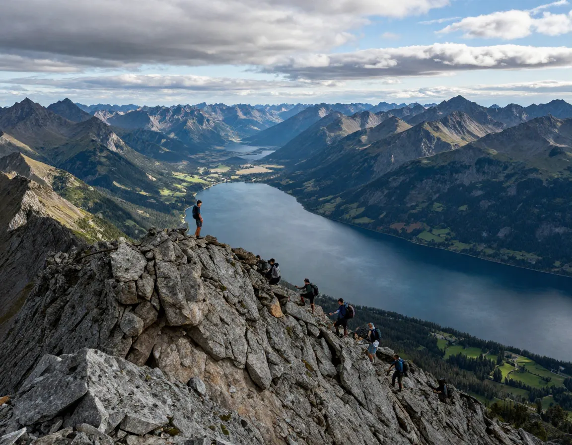 Hiker atop chief joseph mountain ridgeline overlooking wallowa lake panorama