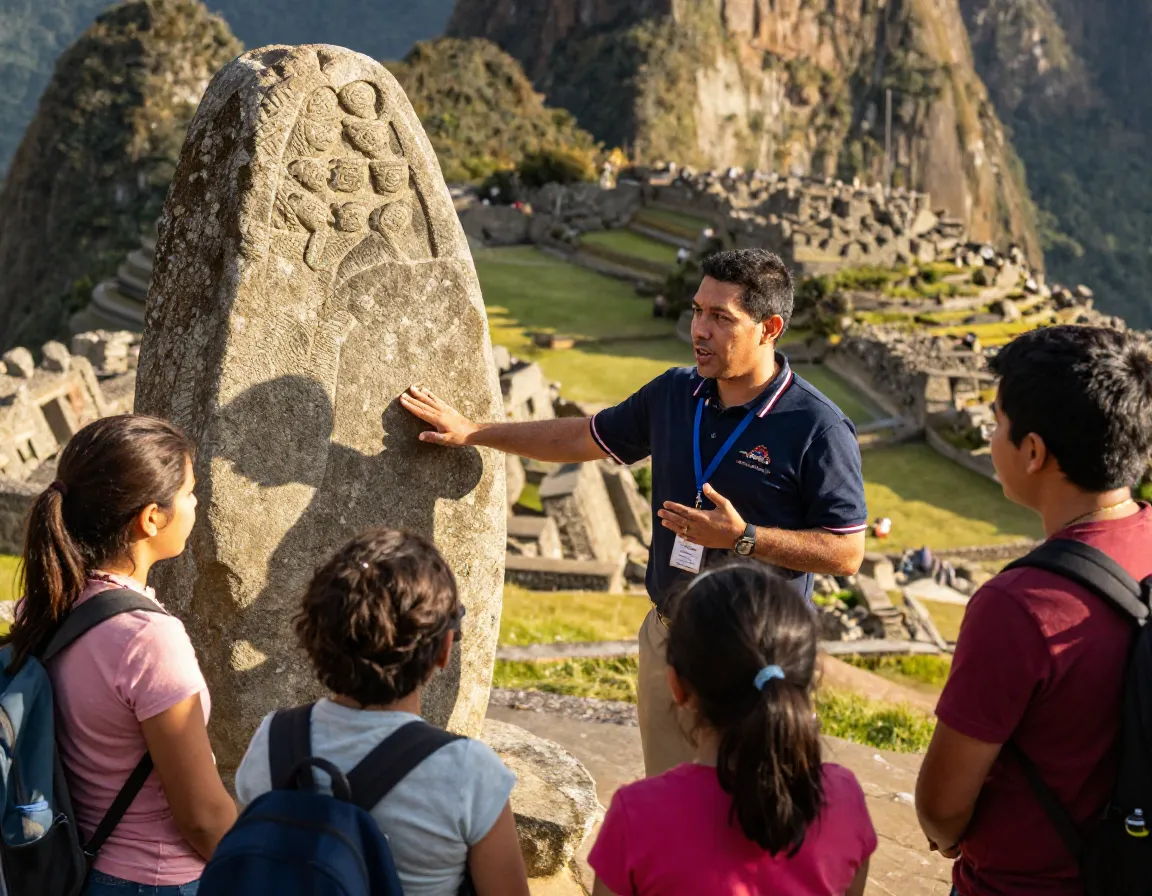 Licensed tour guide explaining intihuatana stone to small tourist group