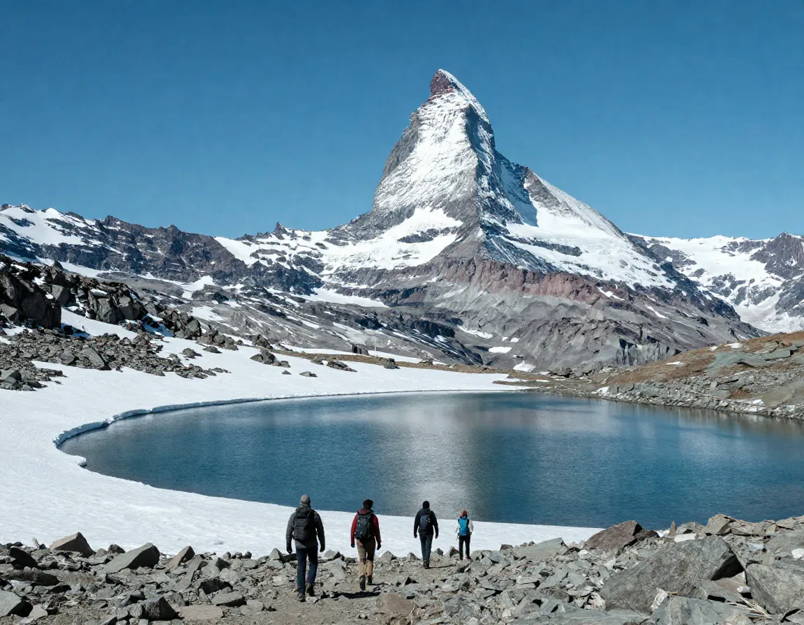 Hiker approaching ice lake beneath the wallowa matterhorn peak and talus