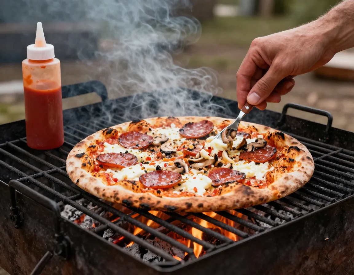 Personal grilled pizza cooking on a campfire grate