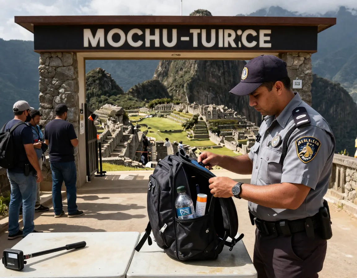 Security guard inspecting small daypack water bottle at machu picchu entrance