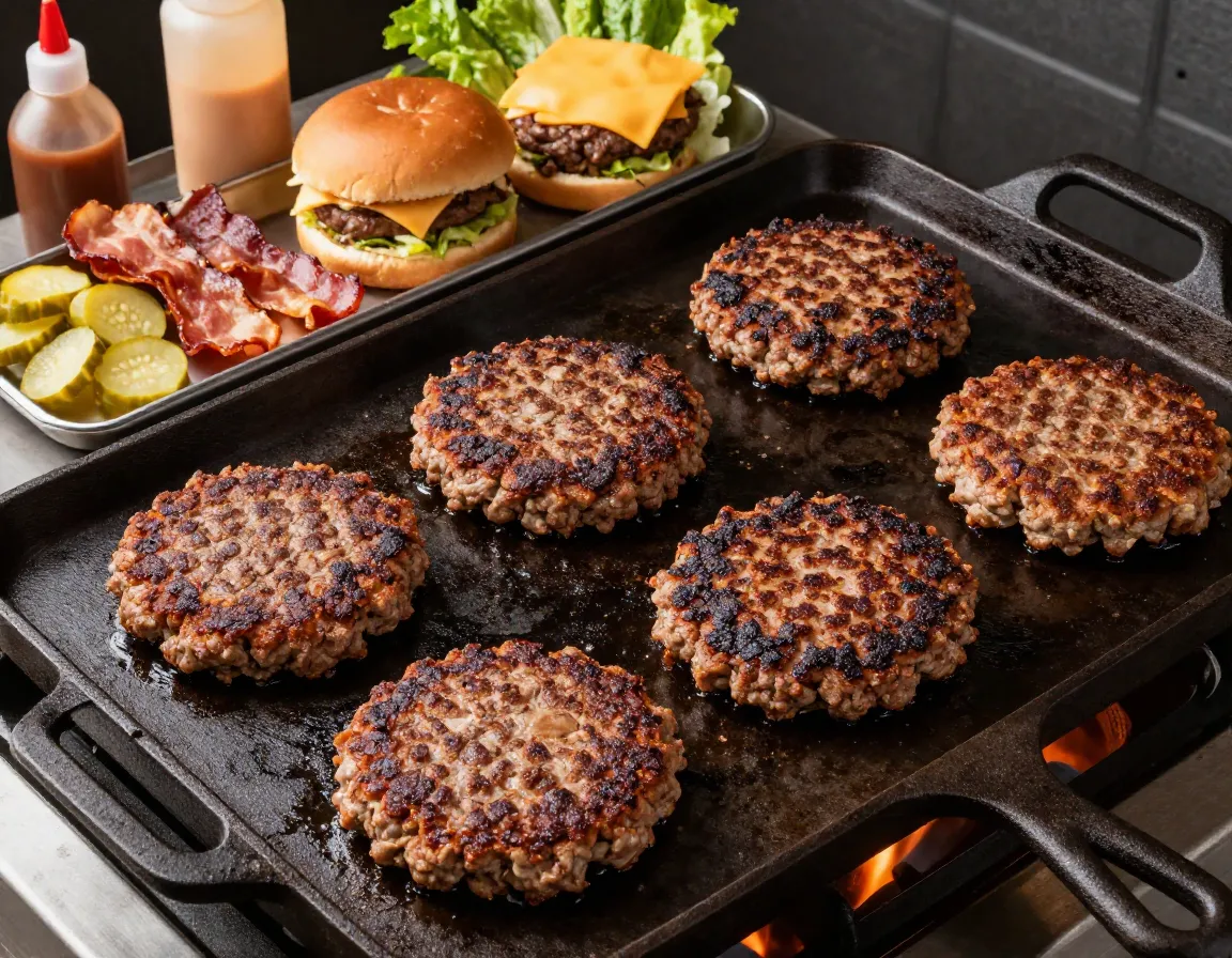 Crispy smash burger on a camp griddle with toppings bar