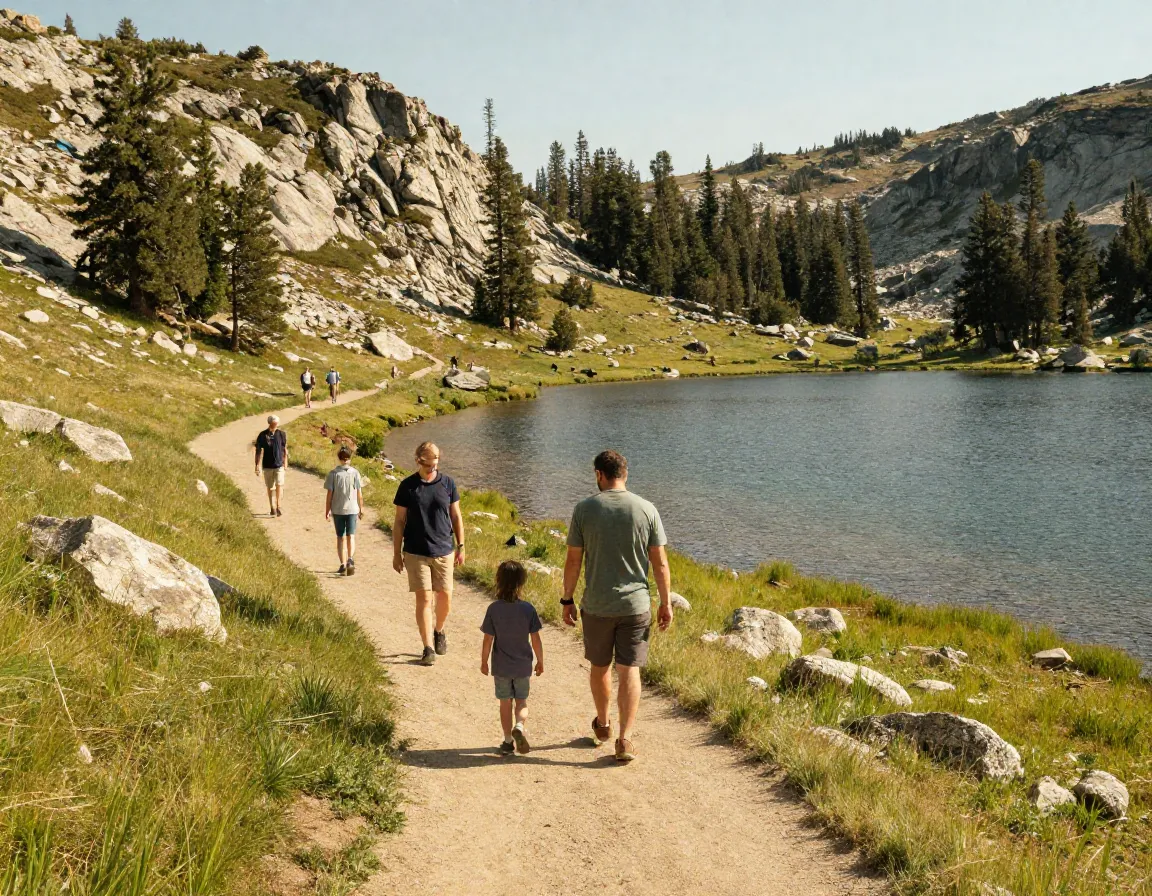 Family hiking short loop trail past horseshoe lake in lakes basin