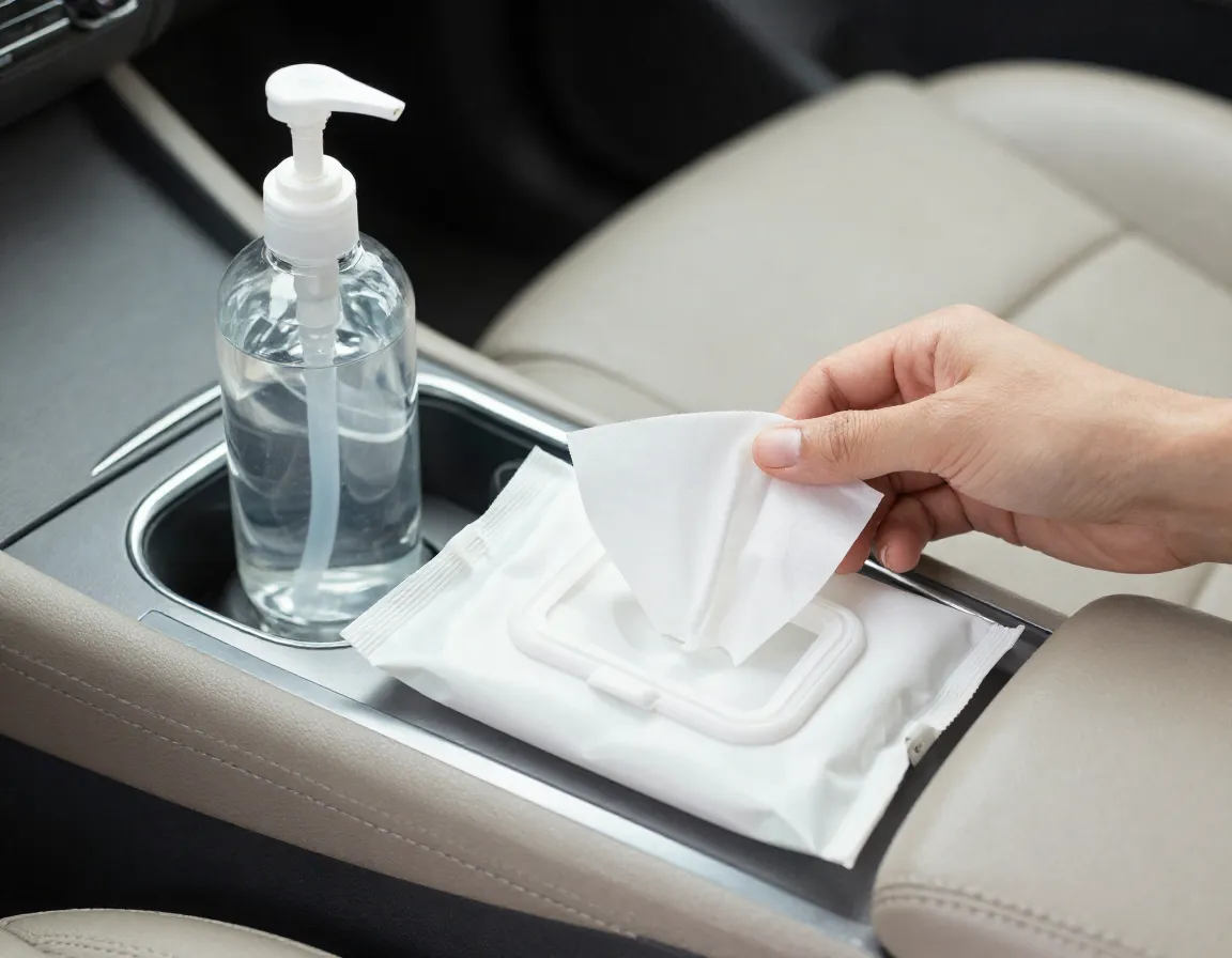 Hand sanitizer and wet wipes on a car center console for cleaning