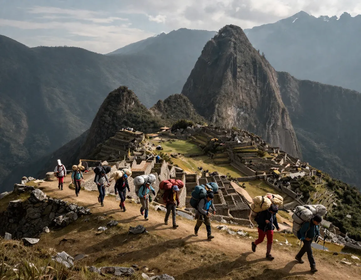 Inca trail hikers with porters crossing mountain pass andean landscape