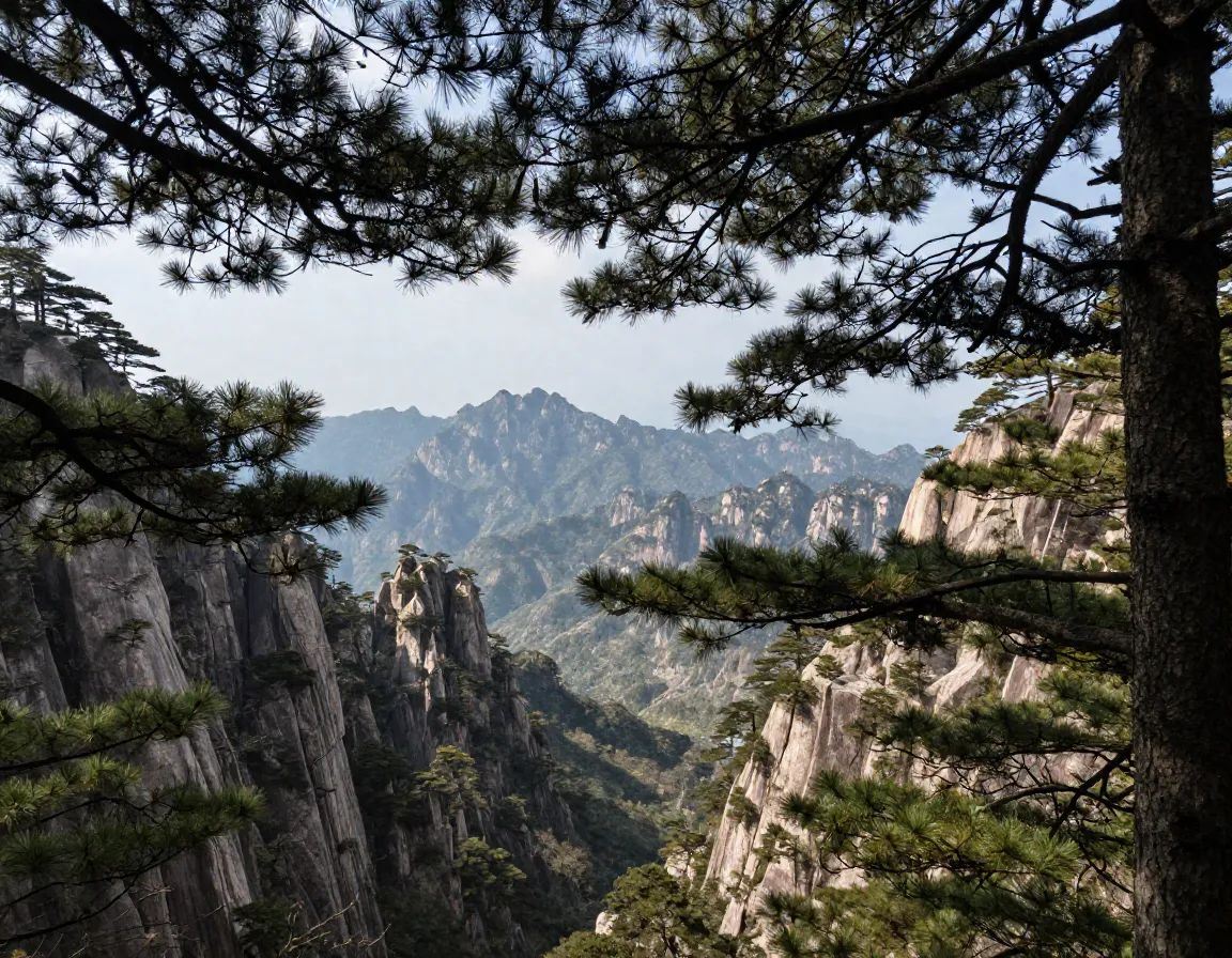 Mountain vista framed by overhanging tree branches