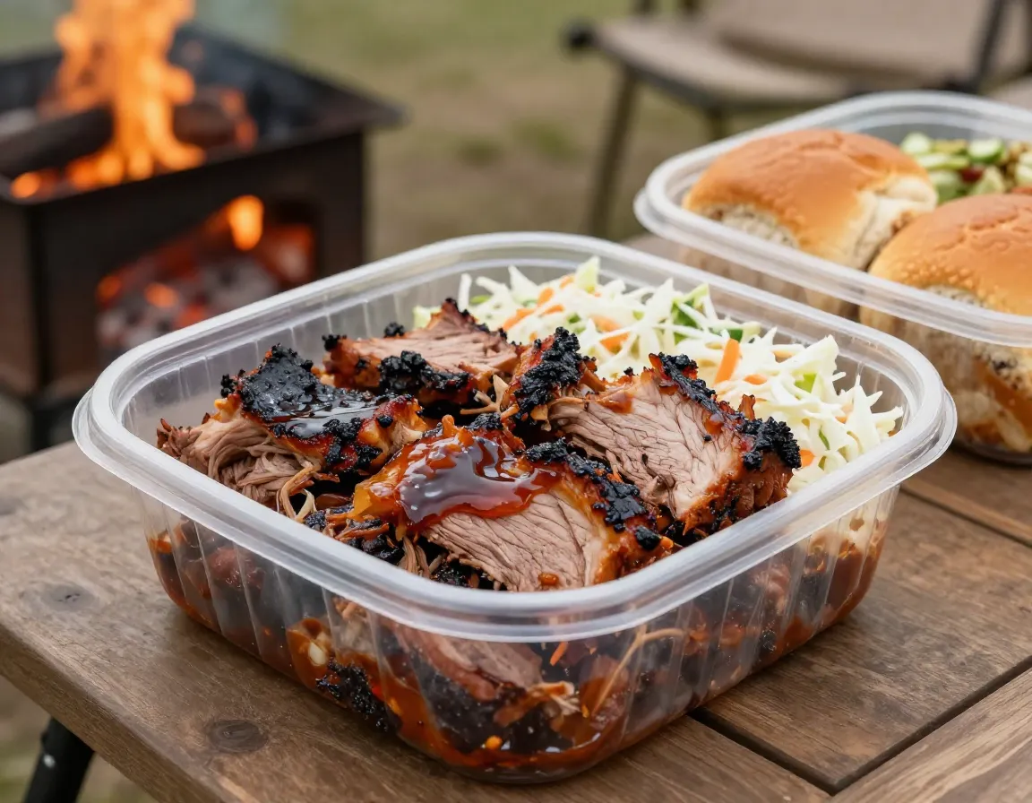 Container of barbecue pulled pork reheating at campsite