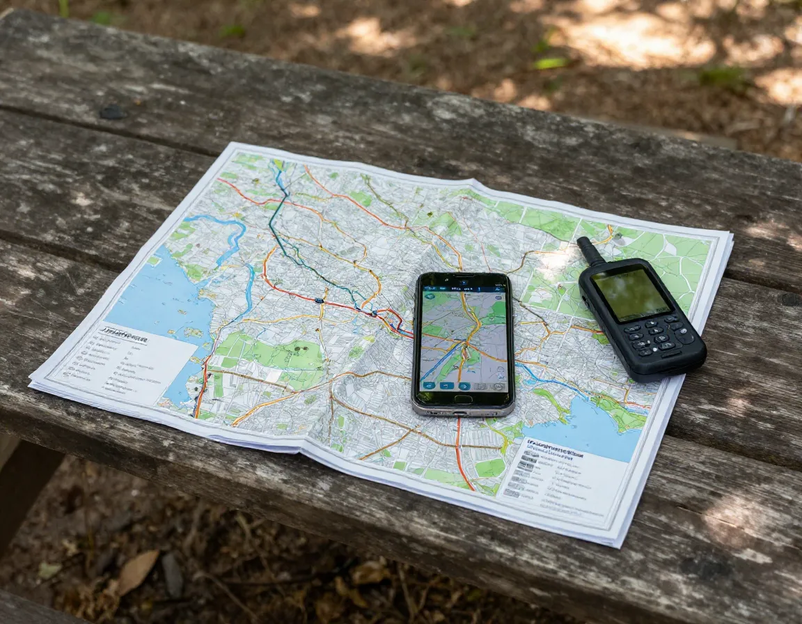 Paper map and smartphone with gps open on a wooden picnic table
