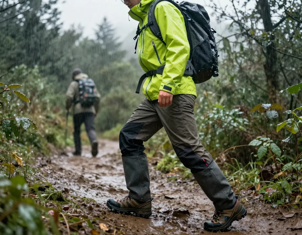Rain ready hiker outfit with waterproof gear on wet trail