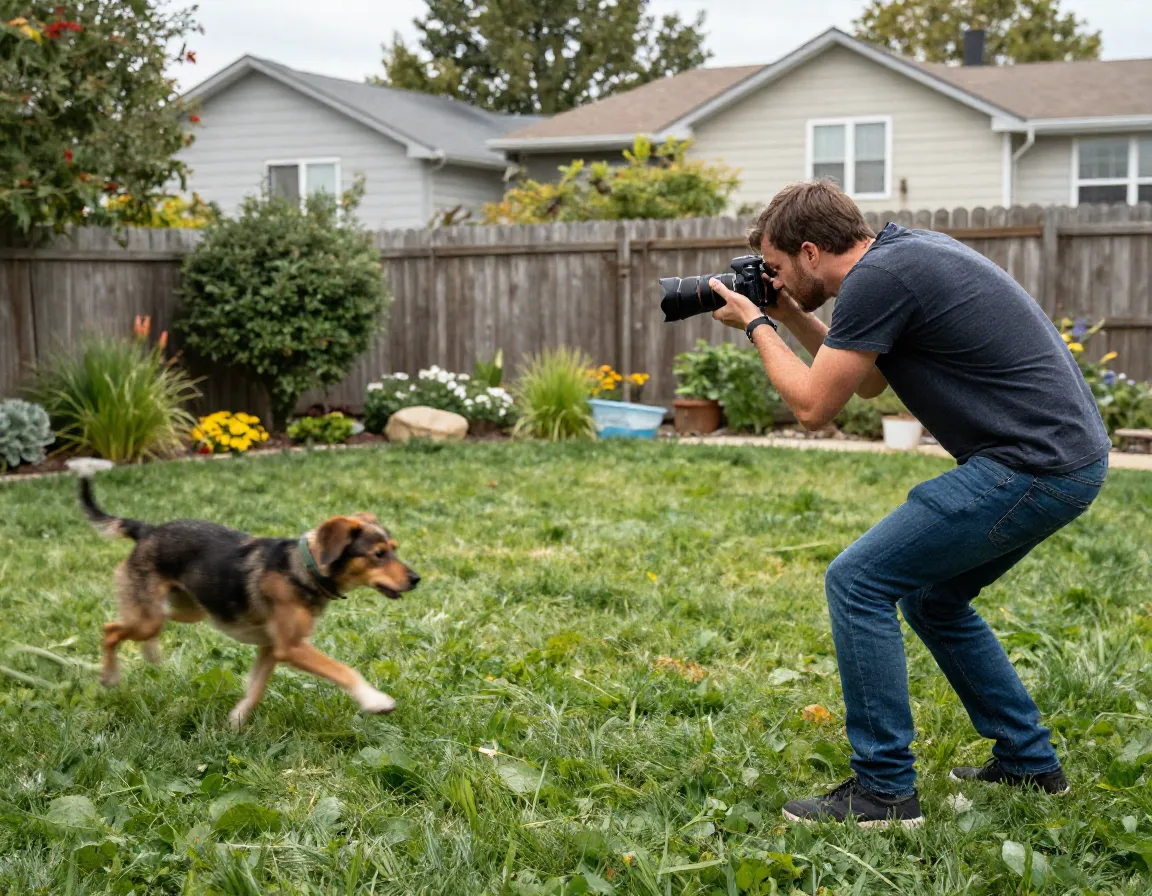 Photographer practicing in backyard with moving subject