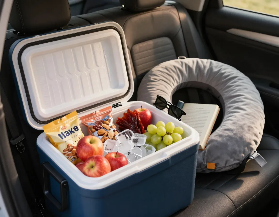 Soft sided cooler open with snacks fruit and a comfort travel pillow