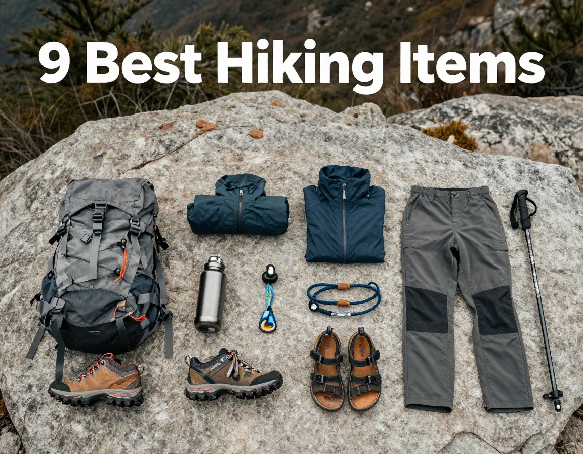 Nine essential womens hiking items arranged on stone slab flat lay