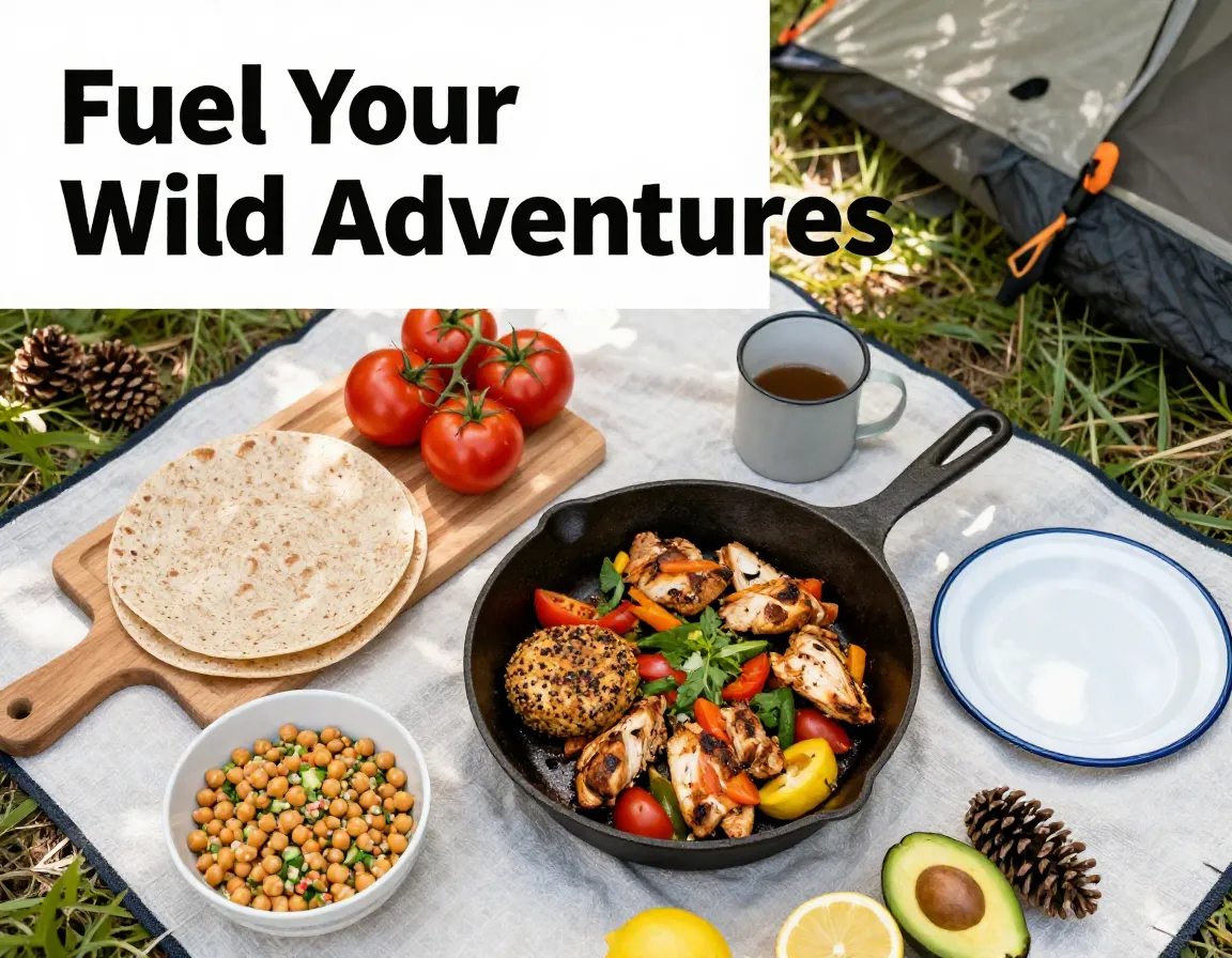 Overhead flatlay camp meal skillet tortilla salad avocado forest