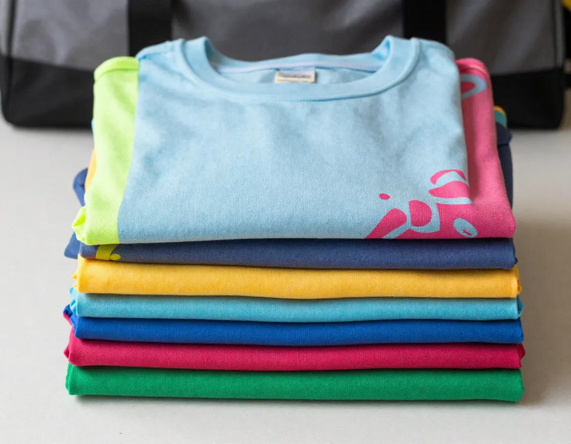 Bright performance t shirts neatly stacked for a week of summer camp
