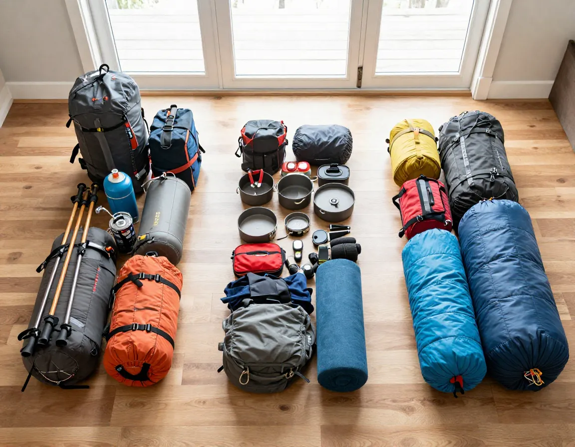 Gear audit organized heavy medium lightweight piles on floor