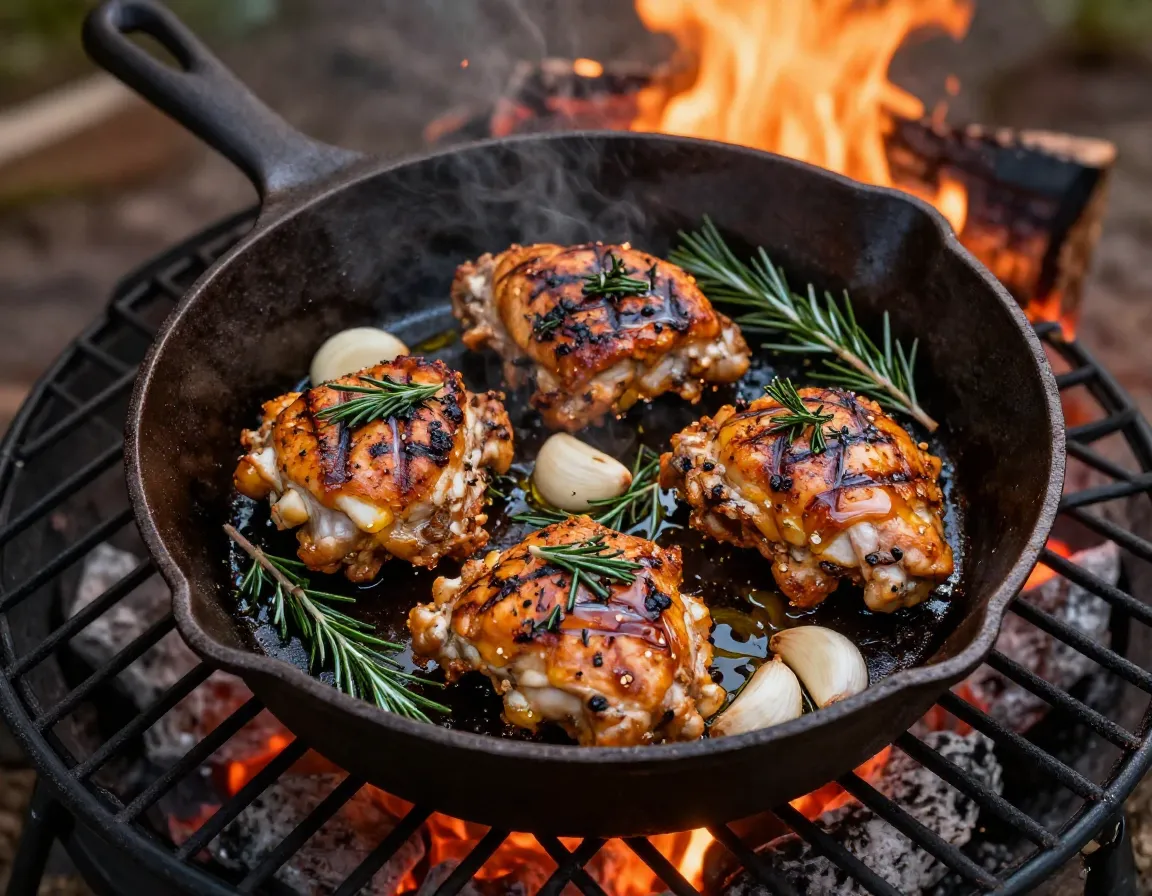 Marinated honey italian chicken grilling on campfire cast iron skillet