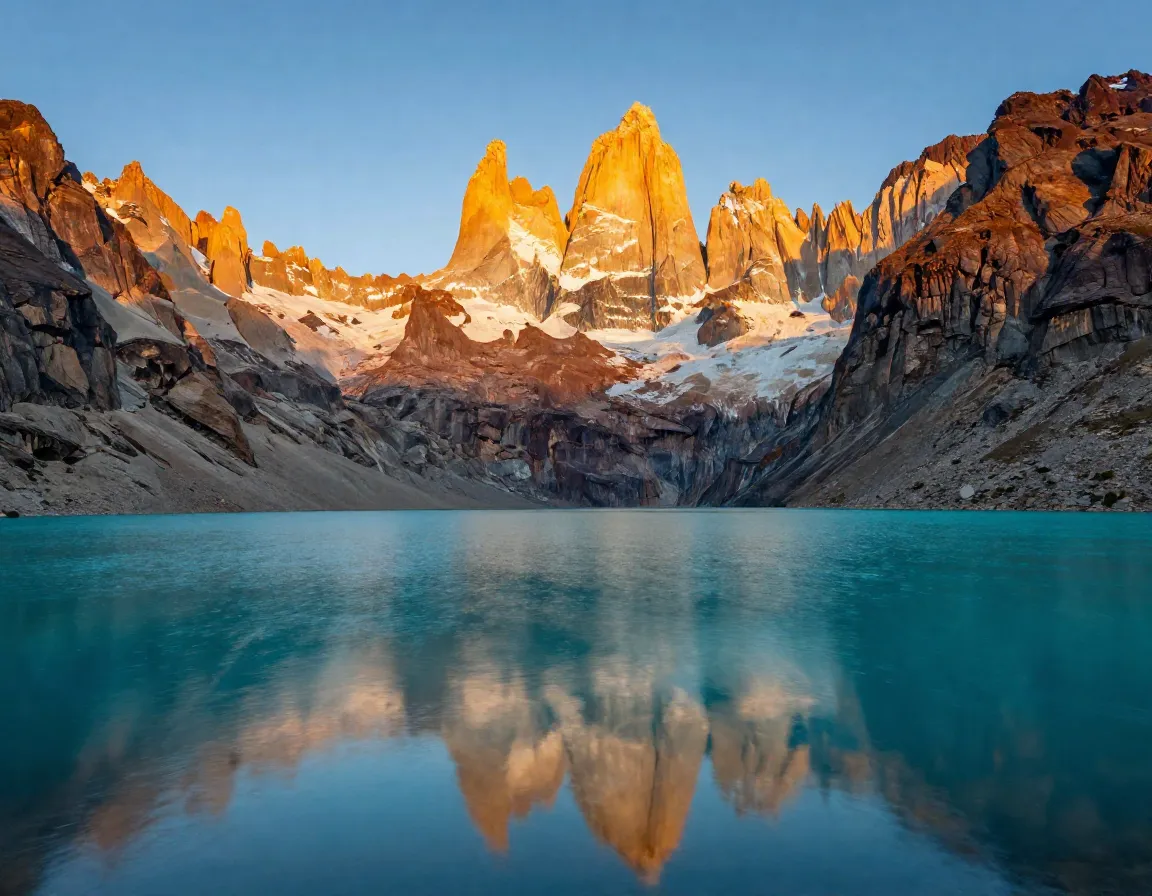 Turquoise glacial lake reflecting granite towers under golden hour