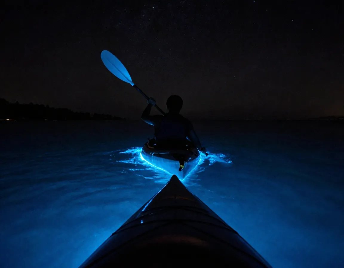 Kayak paddling through glowing blue bioluminescent bay at night