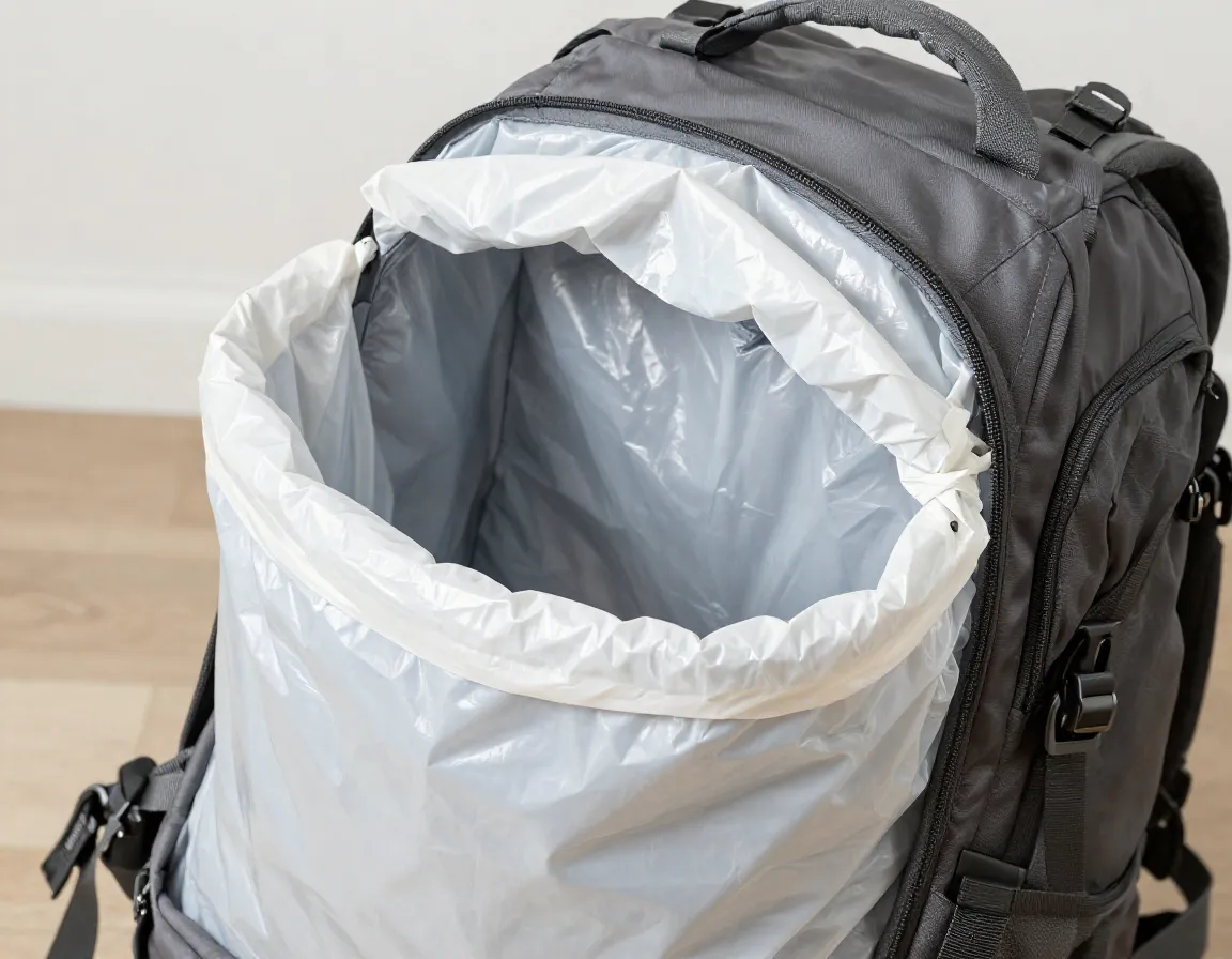 Lining backpack interior with large white garbage bag