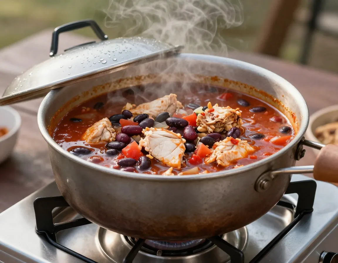 Make ahead chicken chili reheating in pot over camping stove