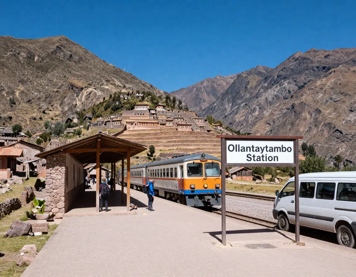 Ollantaytambo train station with sacred valley mountains and ruins