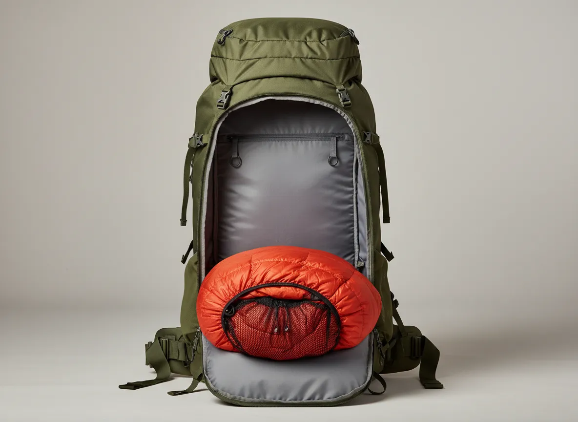 Bulky lightweight sleeping bag puffy jacket bottom pack zone