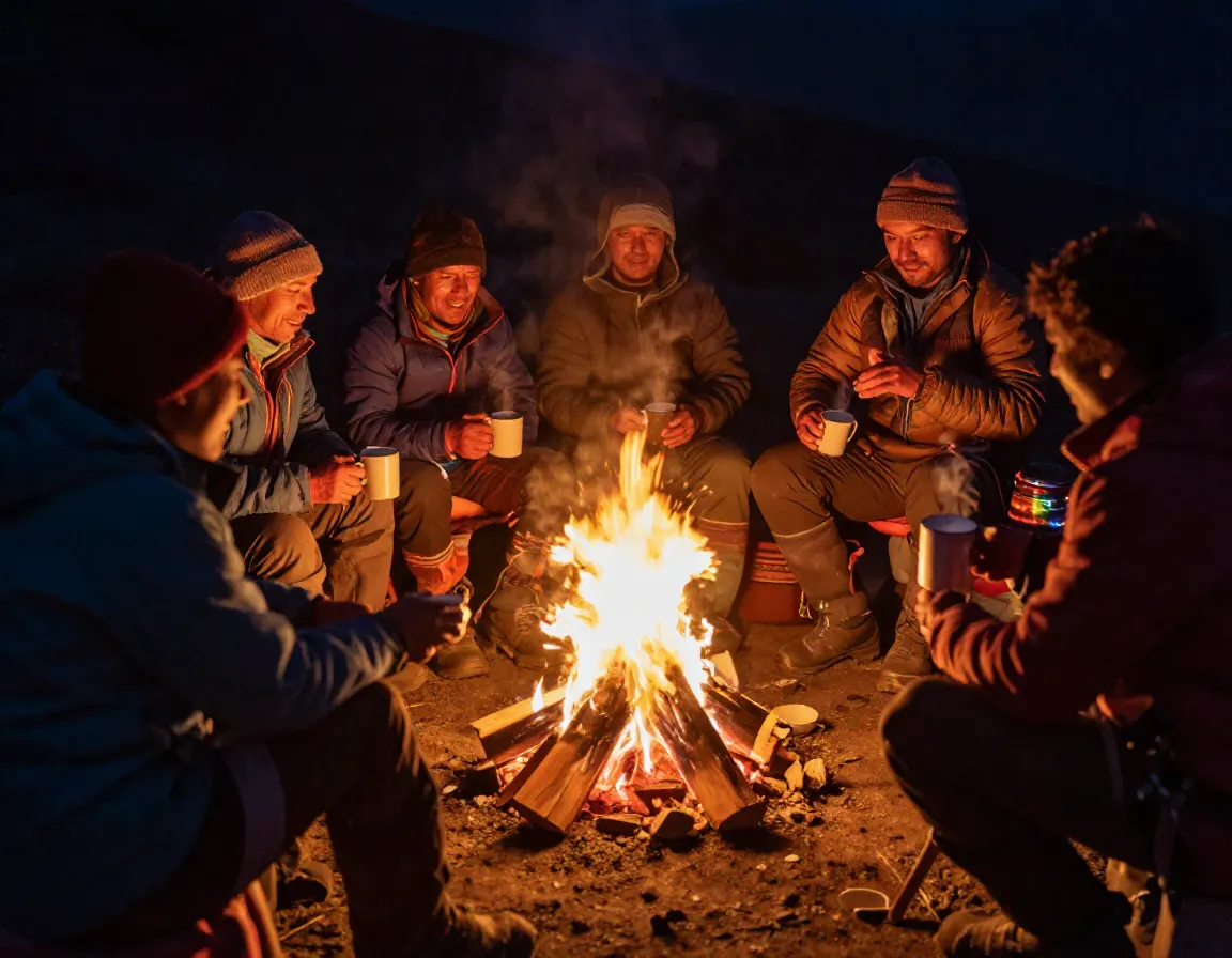 Climbers sharing a campfire with guides and porters
