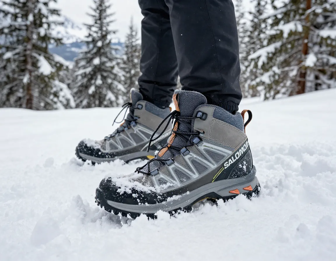 Salomon x ultra mid winter boot in snowy mountain landscape