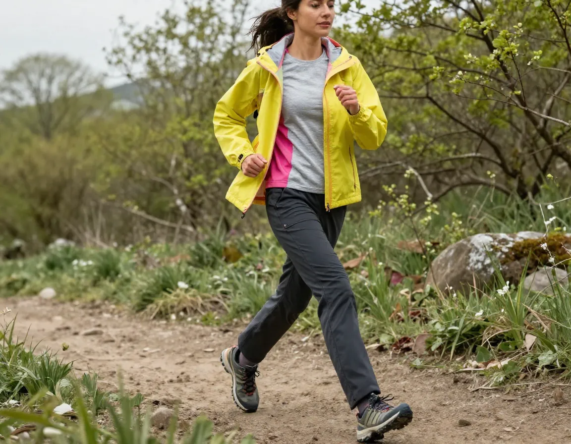 Spring windbreaker ensemble vibrant jacket hiking trousers trail runners