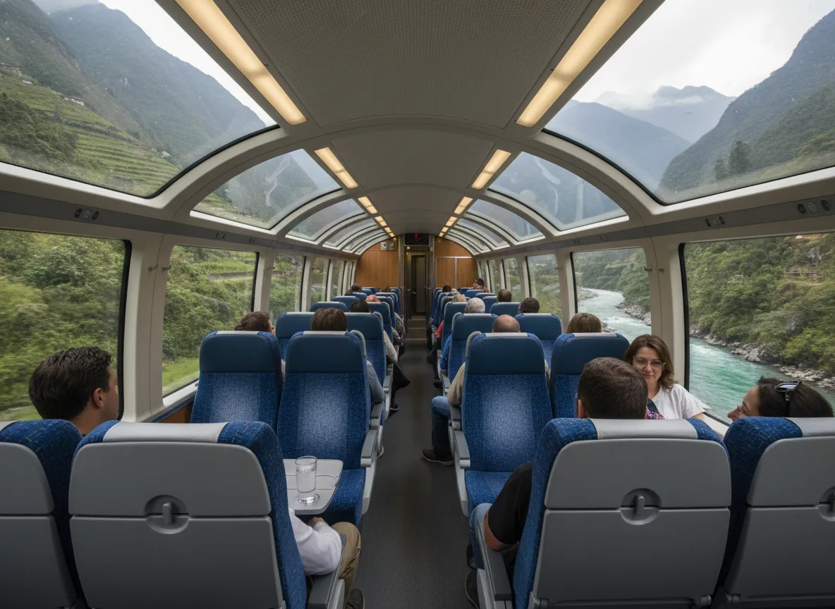 Vistadome train interior with panoramic windows showing andes scenery