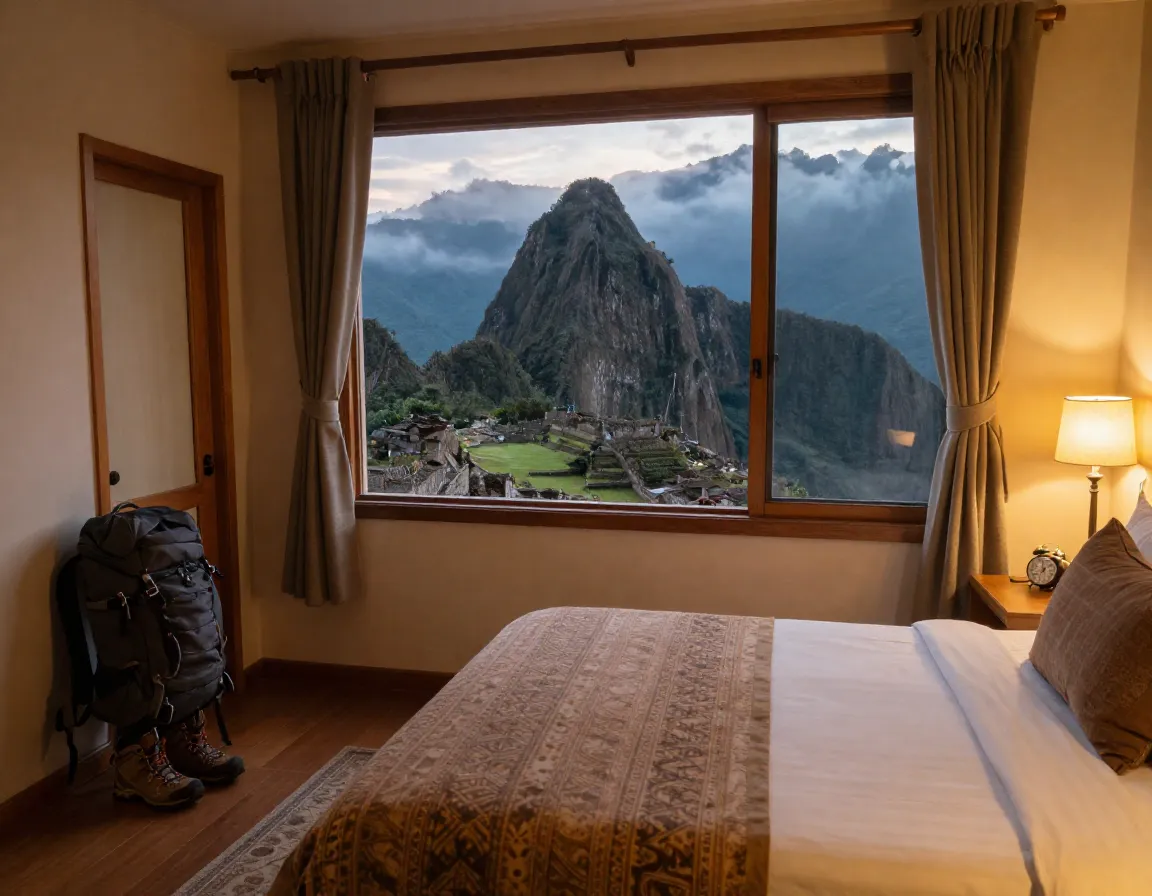 Aguas calientes hotel room at dawn with misty mountain view