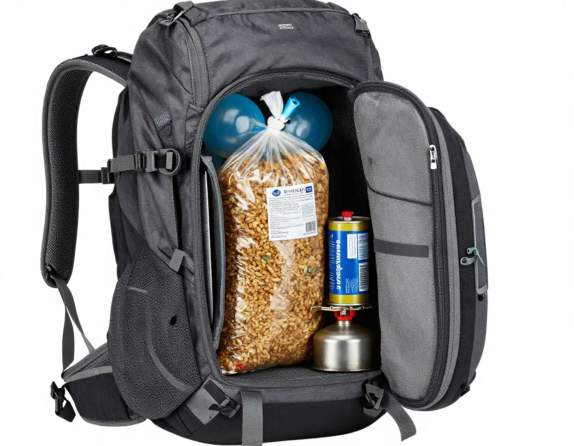 Heavy core zone items water food stove against backpack