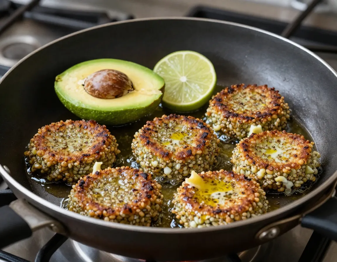 Little quinoa patties frying in camping pan with avocado