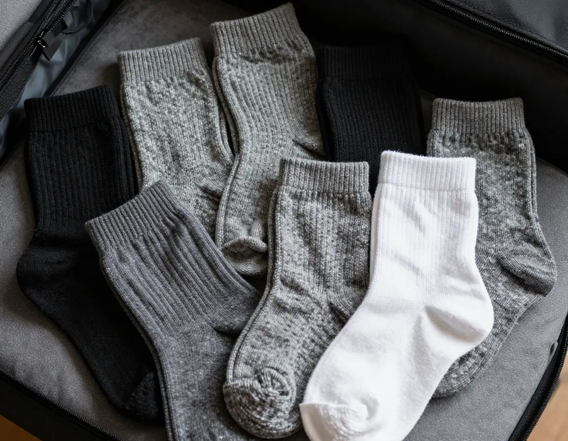 Pile of moisture wicking merino wool and synthetic sports socks