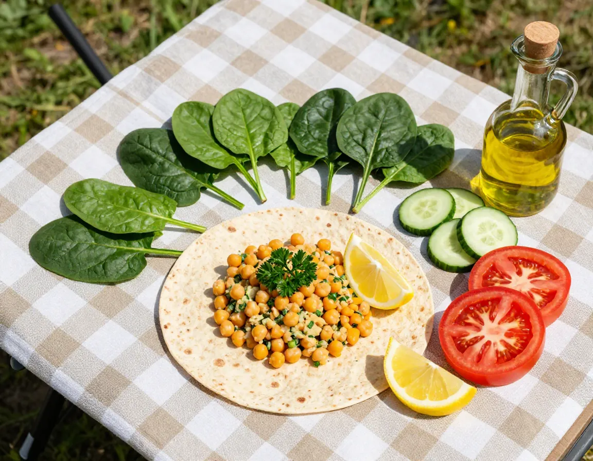 Chickpea salad wrap assembly on camping table with vegetables