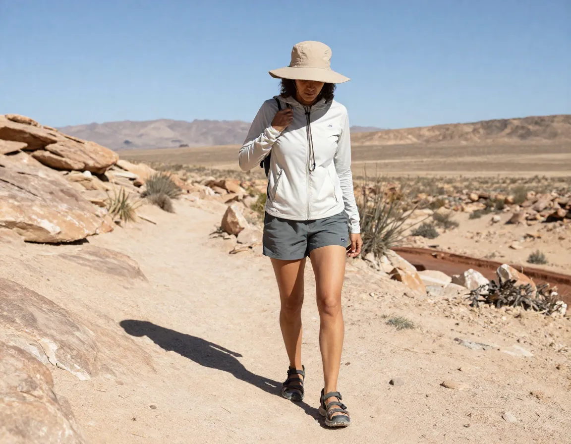 Desert day hike setup sun hoodie water friendly shorts adventure sandals