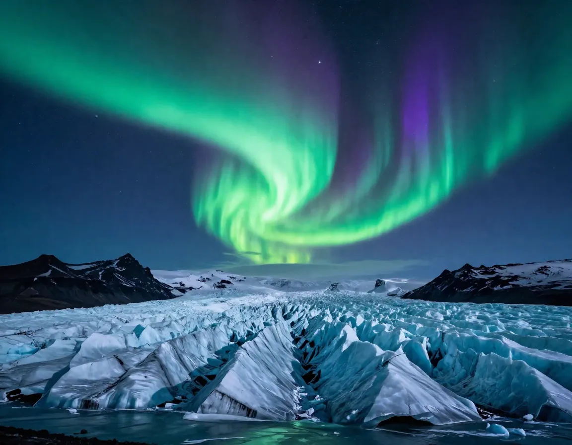 Green northern lights dancing over a massive icy blue glacier