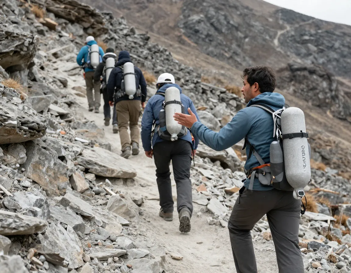 Guide saying pole pole to climbers on a steep trail